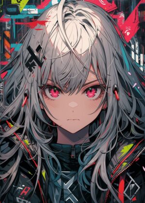Cyberpunk Anime Girl: Digital Art Print - Premium Wooden Framed Poster. Ready to Hang.