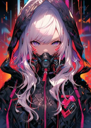 Cyberpunk Anime Girl: Neon Nights - Premium Wooden Framed Poster. Ready to Hang.