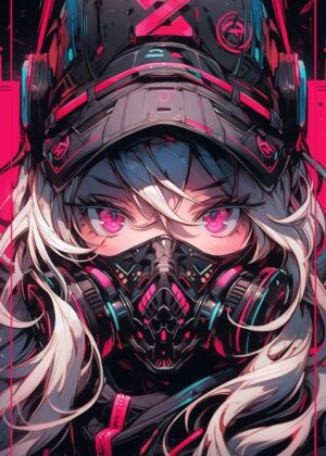 Cyberpunk Anime Girl: Neon Dreams - Premium Wooden Framed Poster. Ready to Hang.