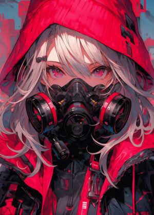 Cyberpunk Anime Girl: Red Hoodie and Gas Mask - Premium Wooden Framed Poster. Ready to Hang.