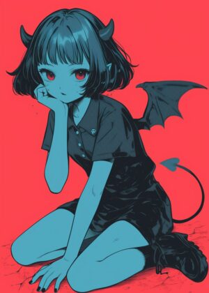 Cute Demon Girl Art Print - Premium Wooden Framed Poster. Ready to Hang.