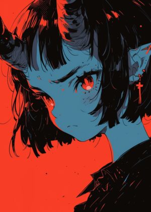 Demon Girl: Striking Anime Art Print - Premium Wooden Framed Poster. Ready to Hang.
