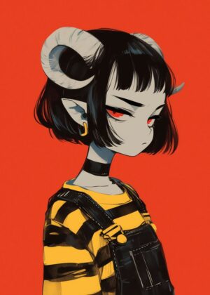 Demon Girl Art Print: Fiery Red and Bold Style - Premium Wooden Framed Poster. Ready to Hang.