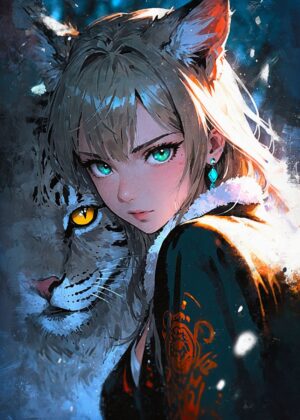 Anime Girl and Lynx: A Mystical Encounter - Premium Wooden Framed Poster. Ready to Hang.