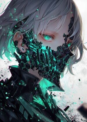 Cyberpunk Anime Girl: Digital Art Print - Premium Wooden Framed Poster. Ready to Hang.