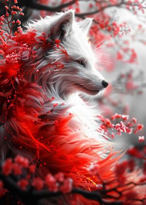 Mystical Kitsune in Blooming Cherry Blossoms - Premium Wooden Framed Poster. Ready to Hang.