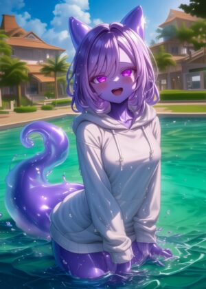 Purple Slime Girl in a Pool - Premium Wooden Framed Poster. Ready to Hang.