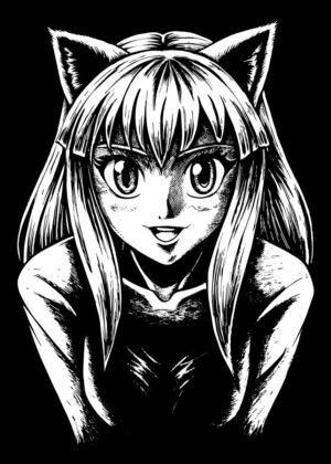 Cute Cat Girl Manga Art Print - Premium Wooden Framed Poster. Ready to Hang.