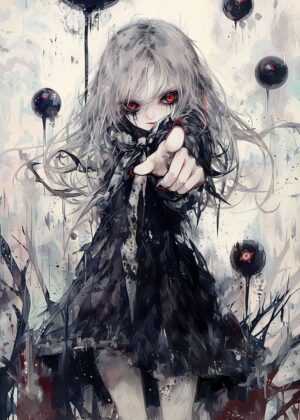 Enigmatic Gaze: Anime Girl Art Print - Premium Wooden Framed Poster. Ready to Hang.