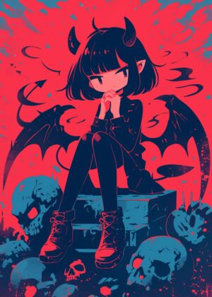 Dark Anime Demon Girl Art Print - Premium Wooden Framed Poster. Ready to Hang.