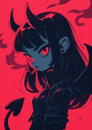 Dark Anime Demon Girl Art Print - Premium Wooden Framed Poster. Ready to Hang.