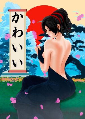 Kawaii Japanese Girl Artwork: Elegant Beauty in a Serene Garden - Premium Wooden Framed Poster. Ready to Hang.