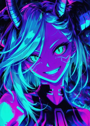 Neon Demon Girl Anime Art Print - Premium Wooden Framed Poster. Ready to Hang.