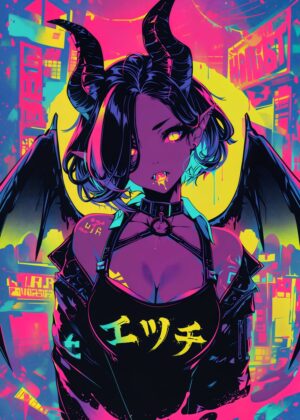 Neon Demon Girl: Cyberpunk Anime Art Print - Premium Wooden Framed Poster. Ready to Hang.