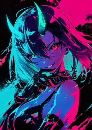 Pink Hypnosis: Neon Demon Girl Art Print - Premium Wooden Framed Poster. Ready to Hang.