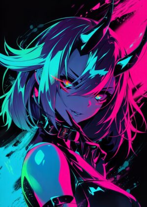 Cyberpunk Anime Girl with Striking Eyes: Neon Dreams - Premium Wooden Framed Poster. Ready to Hang.