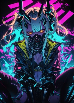 Neon Nights: Cyberpunk Anime Girl Art Print - Premium Wooden Framed Poster. Ready to Hang.