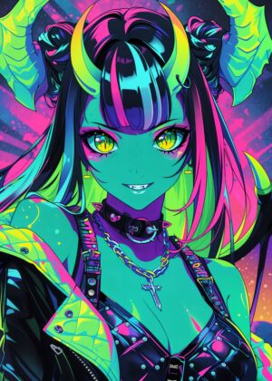 Neon Green Demon Girl Anime Art Print - Premium Wooden Framed Poster. Ready to Hang.