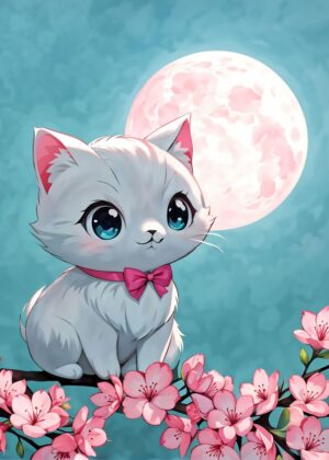 Adorable Kitten Under the Moon - Premium Wooden Framed Poster. Ready to Hang.