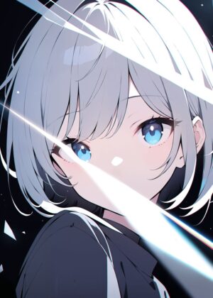 Azure Gaze Mystery: Anime Girl Art Print - Premium Wooden Framed Poster. Ready to Hang.