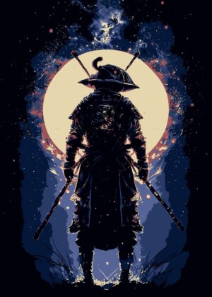 Nightfall Ronin: A Samurai's Silent Vigil - Premium Wooden Framed Poster. Ready to Hang.