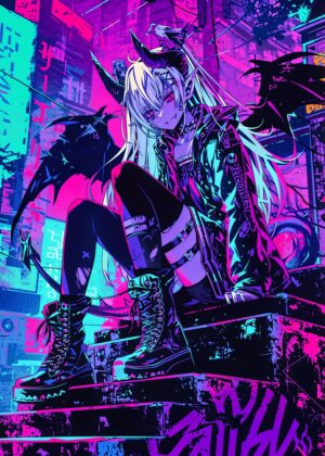 Cyberpunk Vampire Girl Art Print - Premium Wooden Framed Poster. Ready to Hang.
