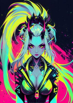 Neon Devil Goddess: Cyberpunk Art Print - Premium Wooden Framed Poster. Ready to Hang.