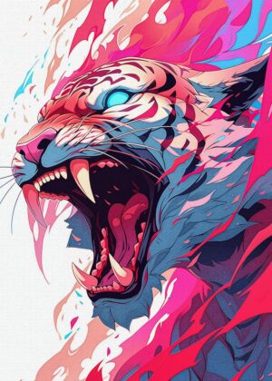 Tiger Beast Unleashed: A Vibrant Digital Art Print - Premium Wooden Framed Poster. Ready to Hang.