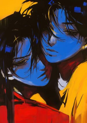 Gemini Embrace: A Vibrant Expression of Connection - Premium Wooden Framed Poster. Ready to Hang.