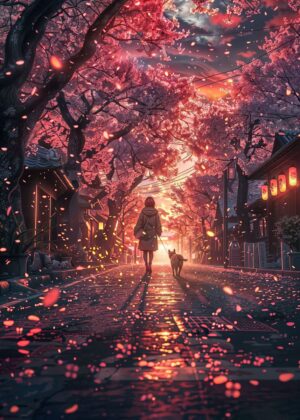 Anime Girl Walking Dog in Japan Cherry Blossom Street - Premium Wooden Framed Poster. Ready to Hang.