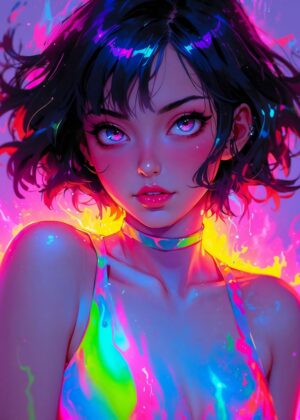 Cute Neon Manga Girl Art Print - Premium Wooden Framed Poster. Ready to Hang.