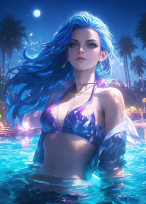 Night Pool Anime Girl Art Print - Premium Wooden Framed Poster. Ready to Hang.