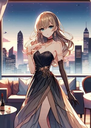 Elegant Anime Girl in Evening Gown - Premium Wooden Framed Poster. Ready to Hang.