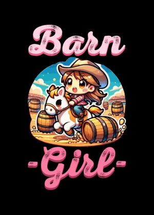 Cute Cartoon Barn Girl Riding a Horse - Premium Wooden Framed Poster. Ready to Hang.