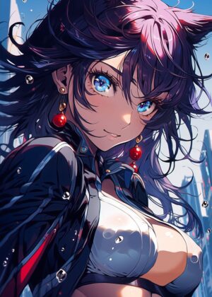 Skyscraper Blues: Anime Girl Art Print - Premium Wooden Framed Poster. Ready to Hang.