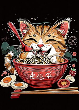 Adorable Cat Enjoying Ramen: Japanese Food Art Print - Premium Wooden Framed Poster. Ready to Hang.