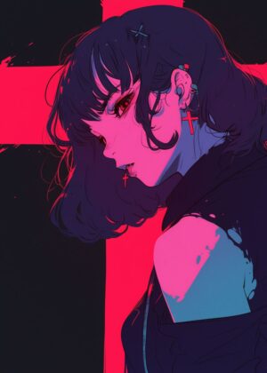 Neon Angel: Cyberpunk Anime Art Print - Premium Wooden Framed Poster. Ready to Hang.