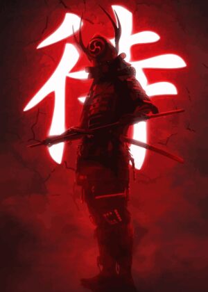 Crimson Samurai: A Fiery Anime Masterpiece - Premium Wooden Framed Poster. Ready to Hang.