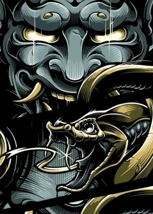 Shinobi Higan: Oni and Serpent Artwork - Premium Wooden Framed Poster. Ready to Hang.