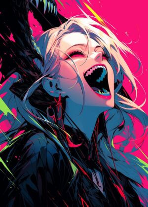 Demon Anime Girl: A Fierce Display of Digital Art - Premium Wooden Framed Poster. Ready to Hang.