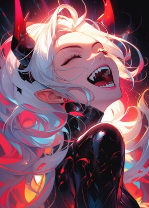 Demon Anime Girl: Fiery Embrace - Premium Wooden Framed Poster. Ready to Hang.