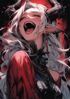 Demon Anime Girl: A captivating illustration of a mischievous demoness - Premium Wooden Framed Poster. Ready to Hang.