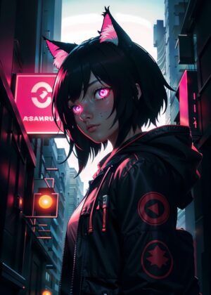 Cyberpunk Anime Neko Girl: Neon City Nights - Premium Wooden Framed Poster. Ready to Hang.
