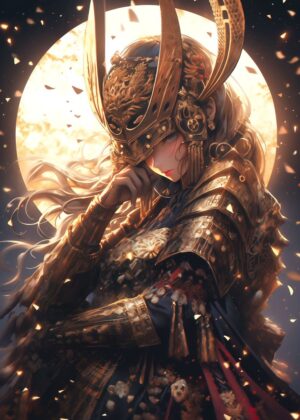 Golden Armor Samurai Girl: Anime Fantasy Art Print - Premium Wooden Framed Poster. Ready to Hang.