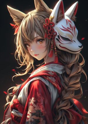 Kawaii Fox Samurai Girl Art Print - Premium Wooden Framed Poster. Ready to Hang.