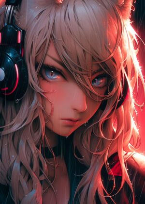 Rainy Night Neko Girl: Anime Art Print - Premium Wooden Framed Poster. Ready to Hang.