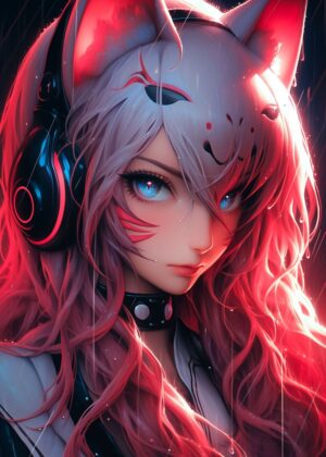 Cyberpunk Neko Girl Art Print: Digital Fantasy - Premium Wooden Framed Poster. Ready to Hang.