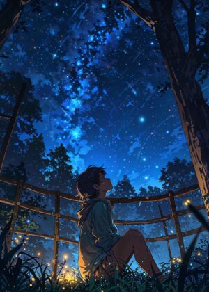 Starry Night Contemplation: Anime Art Print - Premium Wooden Framed Poster. Ready to Hang.