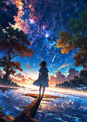 Lost in the Starry Night: A Dreamlike Anime Landscape - Premium Wooden Framed Poster. Ready to Hang.