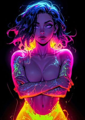 Neon Dreams: Vibrant Digital Art Print - Premium Wooden Framed Poster. Ready to Hang.